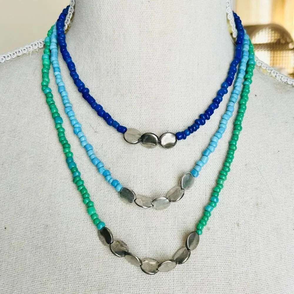 Handcrafted Set of 3 Blue Turquoise Green Silver Beads Necklaces